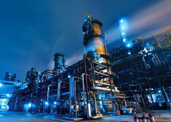 Oil Refinery, Chemical & Petrochemical plant abstract at night.